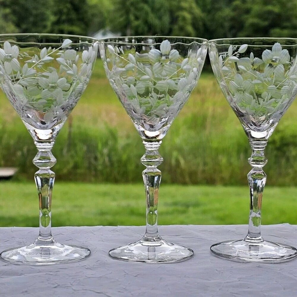 Rock Sharpe Optic Floral Cocktail Glasses 5.25" set/3 gray wheel cut 2011-15 - Picture 4 of 11